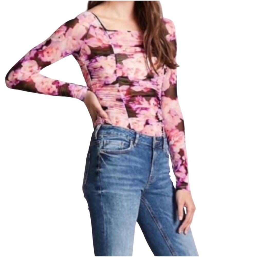 Forever 21 Floral Print Sheer Ruched Bodysuit Medium